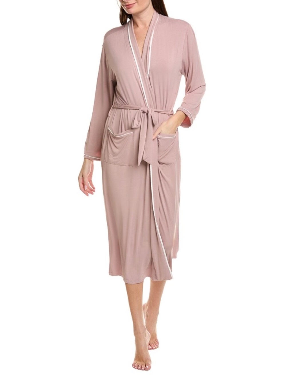 Barefoot Dreams Malibu Dreams Soft Jersey Piped Robe Medium TeaberryWhite - New